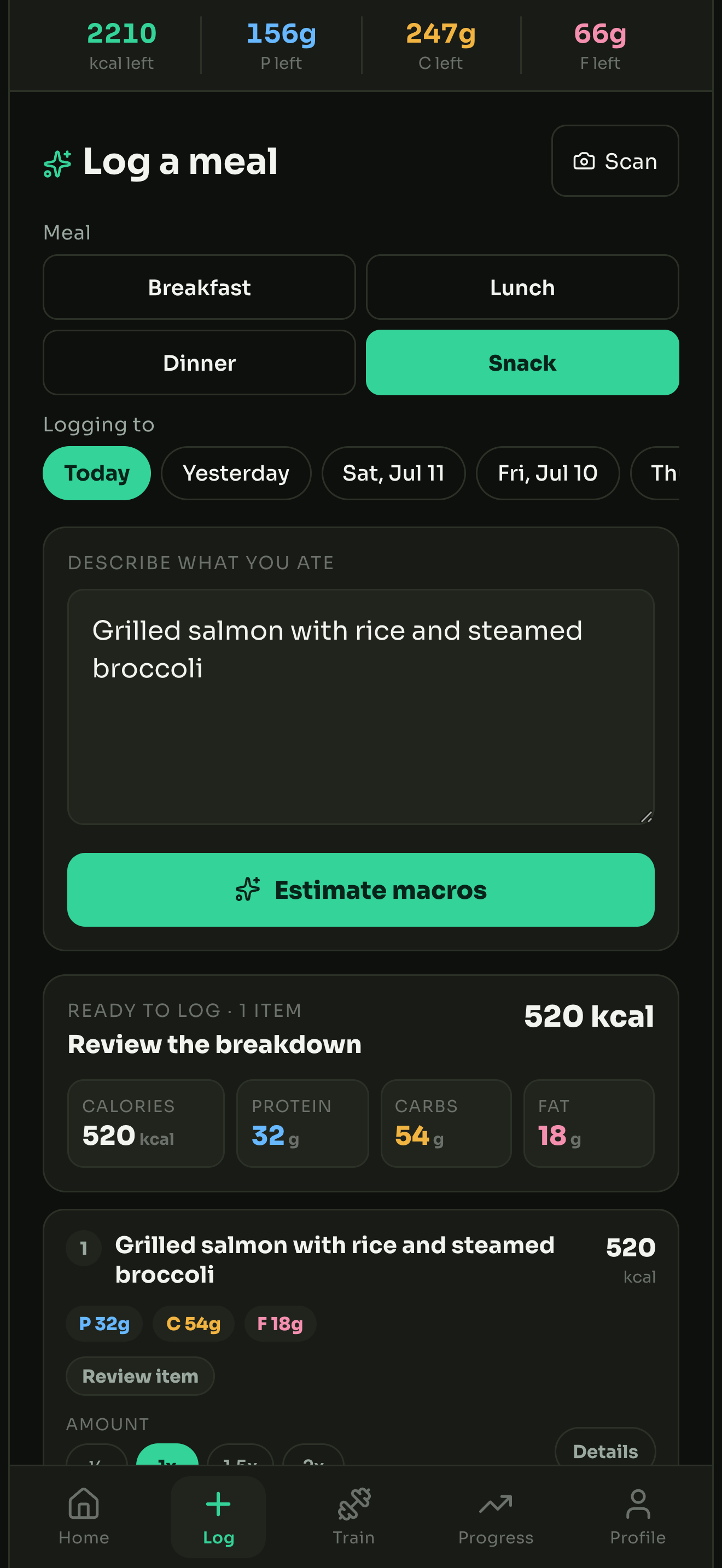 The real Forge AI food logger showing a described salmon meal and its calorie and macro estimate