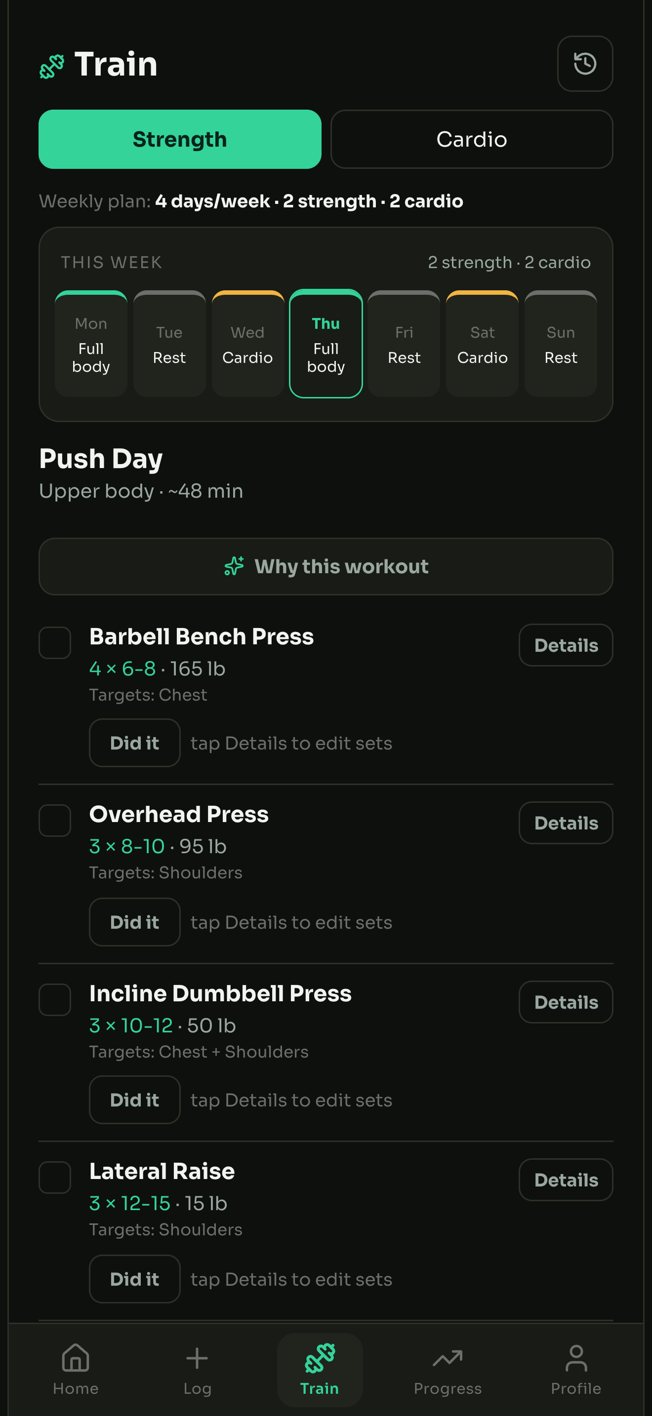 The real Forge AI training screen showing a weekly plan and an upper-body workout